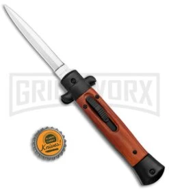 Mago 9" Wood Italian Stiletto OTF Auto Knife Black Bolsters - Dagger Satin Plain -Best Knifes Shop Mago 9in Italian Stiletto OTF Wood Black Satin Dagger GX 37153 jr bottlecap large