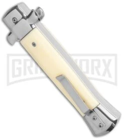 Mago 9" Sim Ivory Italian Stiletto OTF Auto Knife Satin Bolsters - Satin Bayonet -Best Knifes Shop Mago 9in Sim Ivory Italian Stiletto OTF Auto Satin Bolsters Satin Bayo GX 37326 jr side large