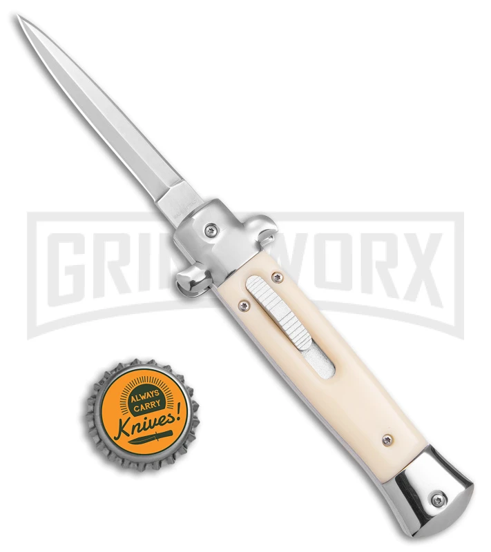 Mago 9" Sim Ivory Italian Stiletto OTF Automatic Knife W/O Clip- Satin Dagger 6 Mago 9" Sim Ivory Italian Stiletto OTF Automatic Knife W/O Clip- Satin Dagger - Image 4