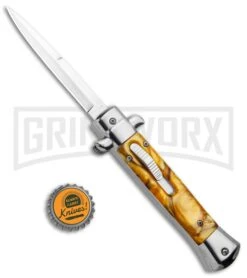 Mago 9" Yellow Marble Italian Stiletto OTF Automatic Knife - Satin Plain -Best Knifes Shop Mago 9in Yellow Marble Italian Stiletto OTF Auto Satin GX 33804 jr bottlecap large
