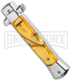 Mago 9" Yellow Marble Italian Stiletto OTF Automatic Knife - Satin Plain -Best Knifes Shop Mago 9in Yellow Marble Italian Stiletto OTF Auto Satin GX 33804 jr side large