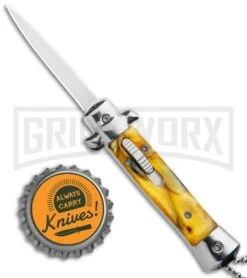 Mago 4.75" Mini Stiletto OTF Automatic Knife - Yellow Marble -Best Knifes Shop Mago Mini OTF Stiletto Yellow GX 34273 jr bottlecap large