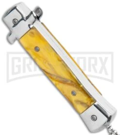 Mago 4.75" Mini Stiletto OTF Automatic Knife - Yellow Marble -Best Knifes Shop Mago Mini OTF Stiletto Yellow GX 34273 jr side large