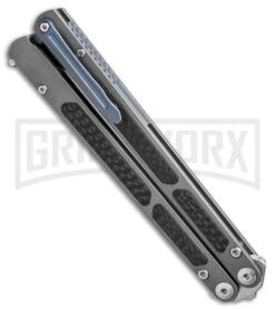 Maxace Covenant Titanium/CF Drop Point Balisong - Satin Plain -Best Knifes Shop Maxace Covenant Butterfly Gray Handle Satin Blade Drop Point GX 37723 td side large