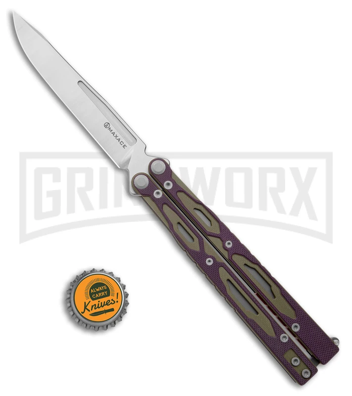 Maxace Unicorn Purple/Green G-10 Butterfly Knife - Spear Point Satin Plain 8 Maxace Unicorn Purple/Green G-10 Butterfly Knife - Spear Point Satin Plain - Image 6