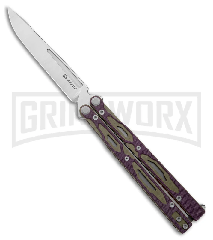 Maxace Unicorn Purple/Green G-10 Butterfly Knife - Spear Point Satin Plain 3 Maxace Unicorn Purple/Green G-10 Butterfly Knife - Spear Point Satin Plain