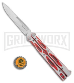 Maxace Unicorn White/Red G-10 Balisong Butterfly Knife - Spear Point Satin Plain -Best Knifes Shop Maxace Unicorn Balisong Butterfly Red White G10 Satin SP GX 40488 jr bottlecap large