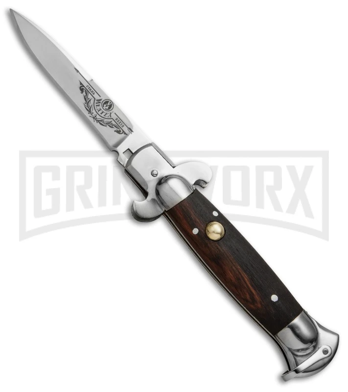 9" Medteh Dark Wood Russian Stiletto Automatic Knife - Satin Plain 3 9" Medteh Dark Wood Russian Stiletto Automatic Knife - Satin Plain