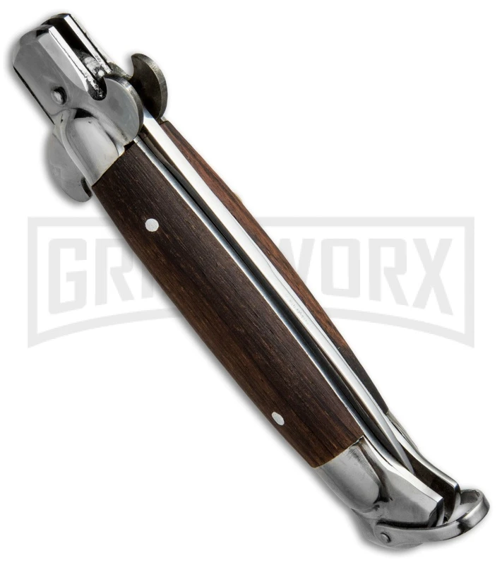 9" Medteh Dark Wood Russian Stiletto Automatic Knife - Satin Plain 5 9" Medteh Dark Wood Russian Stiletto Automatic Knife - Satin Plain - Image 3