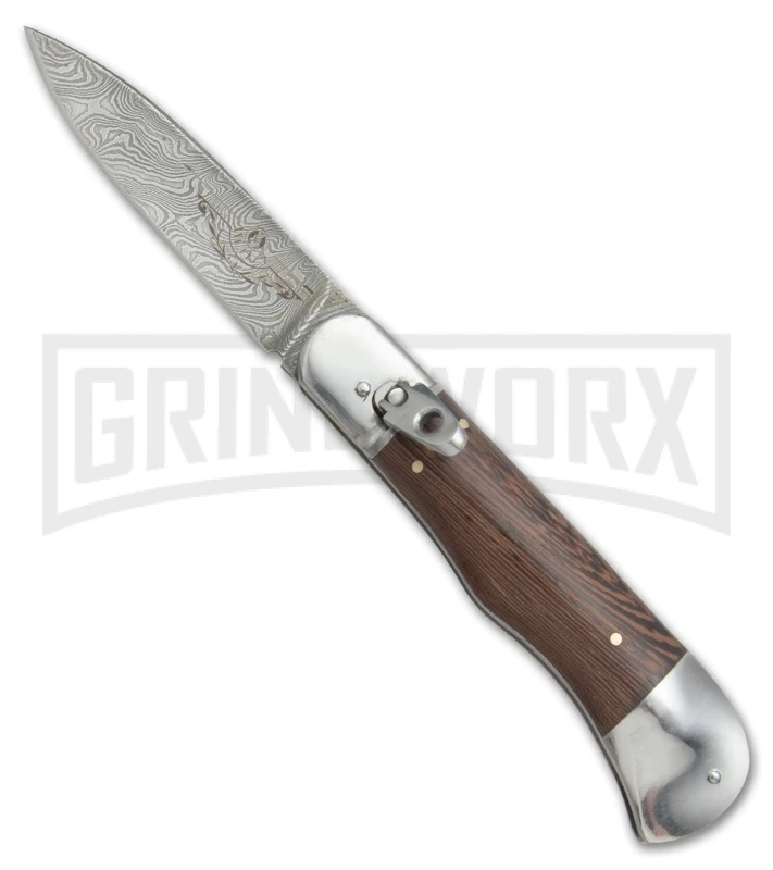 8" Medteh Russian Bottom Bolster Stiletto Wood Automatic Knife - Damascus Plain 3 8" Medteh Russian Bottom Bolster Stiletto Wood Automatic Knife - Damascus Plain