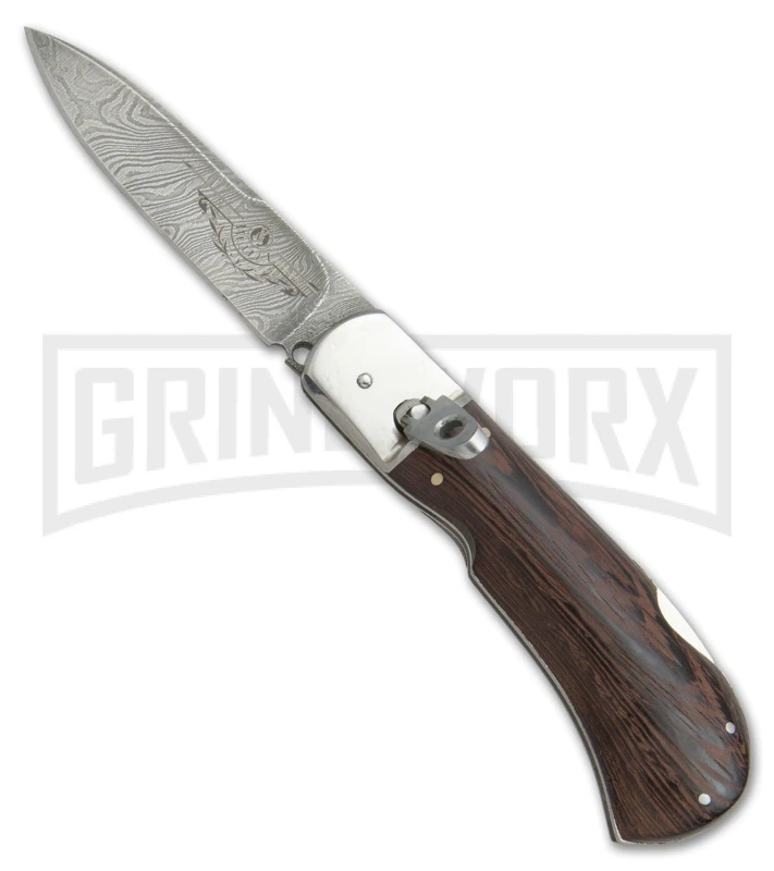 8" Medteh Russian Leverlock Dark Wood Stiletto Automatic Knife - Damascus Plain 3 8" Medteh Russian Leverlock Dark Wood Stiletto Automatic Knife - Damascus Plain