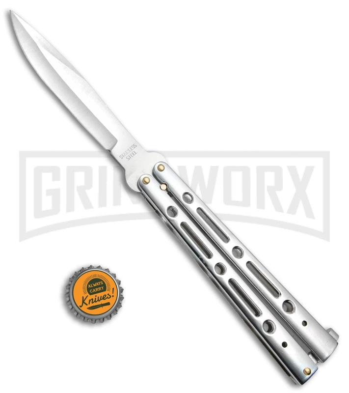 Mega Flick XL Silver Balisong Butterfly Knife - Satin Plain 6 Mega Flick XL Silver Balisong Butterfly Knife - Satin Plain - Image 4