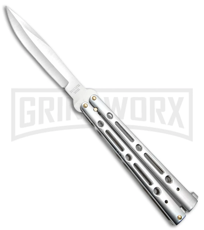 Mega Flick XL Silver Balisong Butterfly Knife - Satin Plain 3 Mega Flick XL Silver Balisong Butterfly Knife - Satin Plain
