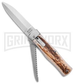 Mikov 241 Predator Stag Horn Lever Lock Automatic Knife W/ Saw - Polish Plain