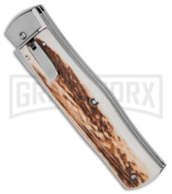 Best Knifes Shop -Best Knifes Shop Mikov 241 Predator Lever Lock Automatic Knife w Saw Stag horn 3in Polish BHQ 174804 td spine large