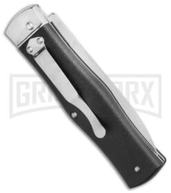 Mikov Predator ABS Black Automatic Lever Lock Knife - Dagger Pocket Clip -Best Knifes Shop Mikov Predator Leverlock Dagger Automatic Knife Black 3.75 Polish Pocket Clip BHQ 117831 LS Side large