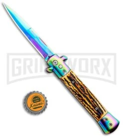 Milano 9" Stiletto Sim Stag Automatic Knife - Bayonet Spectrum -Best Knifes Shop Milano 9in Stiletto Sim Stag Auto Bayo Spectrum GSE018RBSTG GX 33516 jr bottlecap large