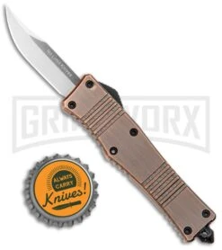 No Limit Knives Cali-Legal OTF Automatic Knife Bronze - Clip Point Satin -Best Knifes Shop No Limit Knives Cali Legal OTF Bronze CP Satin GX 34131 jr bottlecap large