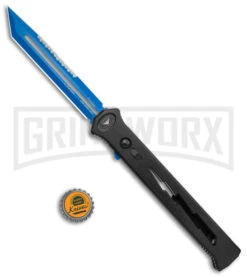 Paragon Estiletto Black Bolt Automatic OTF Knife - Blue Tanto -Best Knifes Shop Paragon Estiletto Tanto OTF Auto Black Lightning Bolt Blue Serr EST T LB B CBLU BHQ 103600 jr bottlecap large