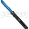Paragon Estiletto Black Bolt Automatic OTF Knife - Blue Tanto -Best Knifes Shop Paragon Estiletto Tanto OTF Auto Black Lightning Bolt Blue Serr EST T LB B CBLU BHQ 103600 jr large