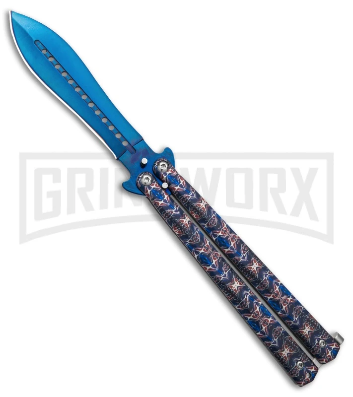 Chalkhill Balisong Butterfly Knife - Blue Spear Point Pattern Handles 3 Chalkhill Balisong Butterfly Knife - Blue Spear Point Pattern Handles