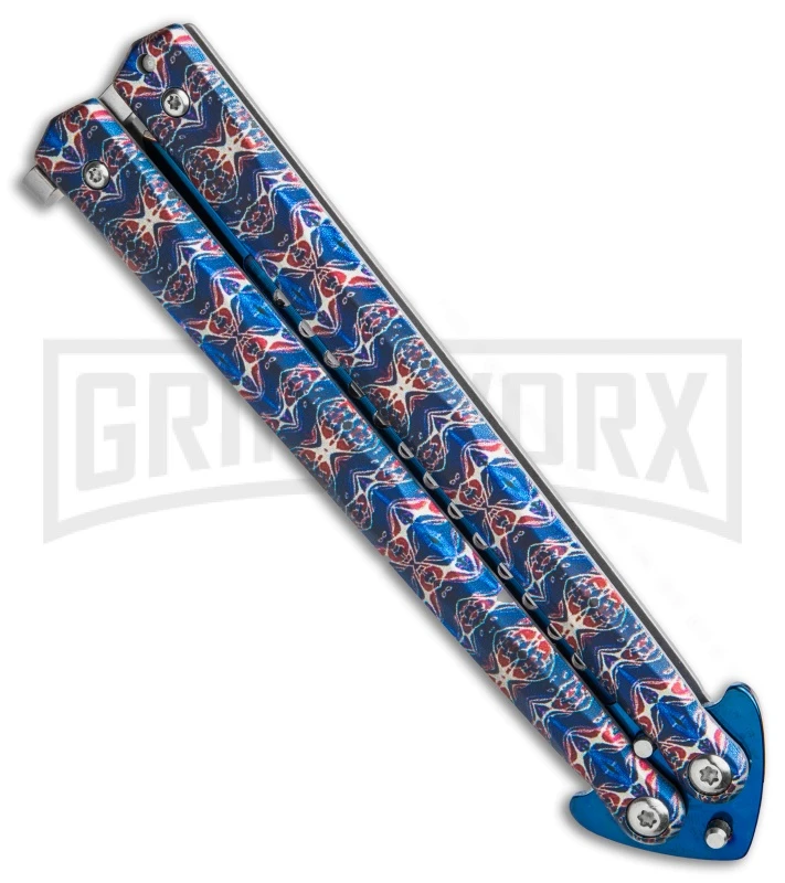 Chalkhill Balisong Butterfly Knife - Blue Spear Point Pattern Handles 5 Chalkhill Balisong Butterfly Knife - Blue Spear Point Pattern Handles - Image 3