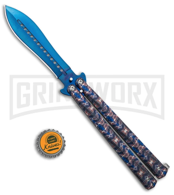 Chalkhill Balisong Butterfly Knife - Blue Spear Point Pattern Handles 6 Chalkhill Balisong Butterfly Knife - Blue Spear Point Pattern Handles - Image 4