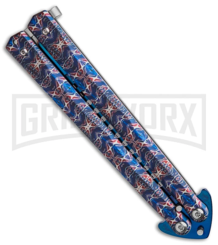 Chalkhill Balisong Butterfly Knife - Blue Spear Point Pattern Handles 4 Chalkhill Balisong Butterfly Knife - Blue Spear Point Pattern Handles - Image 2