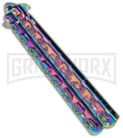 Rainbow Skull Balisong Drop Point Butterfly Knife -Best Knifes Shop Rainbow Balisong Drop Point Butterfly Knife GX 37604 td side large