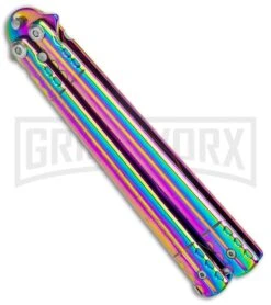 Rainbow Balisong Tanto Compound Butterfly Knife - Rainbow Plain 8 Rainbow Balisong Tanto Compound Butterfly Knife - Rainbow Plain -Best Knifes Shop Rainbow Bone Balisong DP Compound Butterfly Knife BF 201 2 GX 37590 jr side large