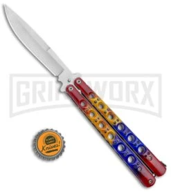 Red/Yellow/Blue Balisong Butterfly Knife (4.25" Satin) -Best Knifes Shop Red Yellow Blue Balisong Butterfly Satin GX 37519 jr bottlecap large