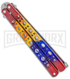 Red/Yellow/Blue Balisong Butterfly Knife (4.25" Satin) -Best Knifes Shop Red Yellow Blue Balisong Butterfly Satin GX 37519 jr side large