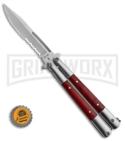 Regal Red Wood Balisong Butterfly Knife - Satin Serr -Best Knifes Shop Regal Red Wood Balisong Butterfly Satin Serr BUTT 30WRD BUTT GX 35300 LS Bottlecap large