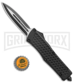 Rumble Black D/A OTF Automatic Knife Diamond Grid Pattern - Dagger, 2 Tone -Best Knifes Shop Rumble Black DA OTF Auto Diamond Grid Pattern Dagger TT GX 38109 jr bottlecap large