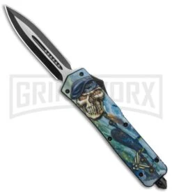 Rumble Black OTF Auto Knife Dagger Air Force Skull Graphic - 2-Tone Plain