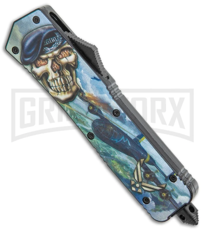 Rumble Black OTF Auto Knife Dagger Air Force Skull Graphic - 2-Tone Plain 4 Rumble Black OTF Auto Knife Dagger Air Force Skull Graphic - 2-Tone Plain - Image 2