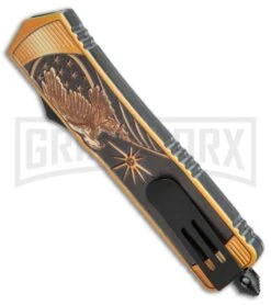 Rumble Black/Org OTF Auto Knife Dagger Eagle/Headdress - Two Tone Plain -Best Knifes Shop Rumble Black Orange OTF Auto Dagger Eagle Headdress TT GX 38181 jr side large