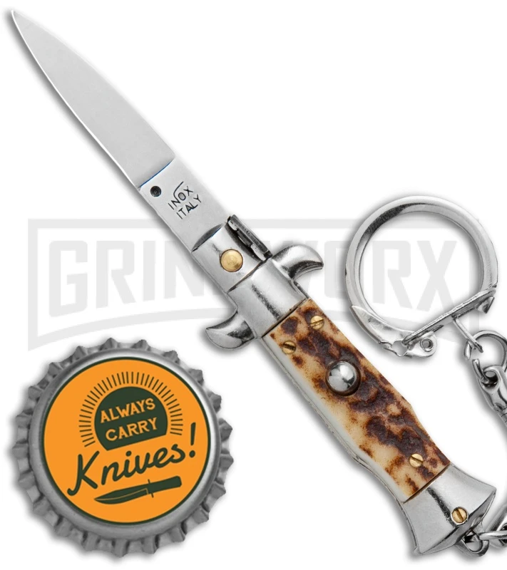 SKM 2.75" Italian Stiletto Keychain Stag Automatic Knife - Satin Plain 6 SKM 2.75" Italian Stiletto Keychain Stag Automatic Knife - Satin Plain - Image 4