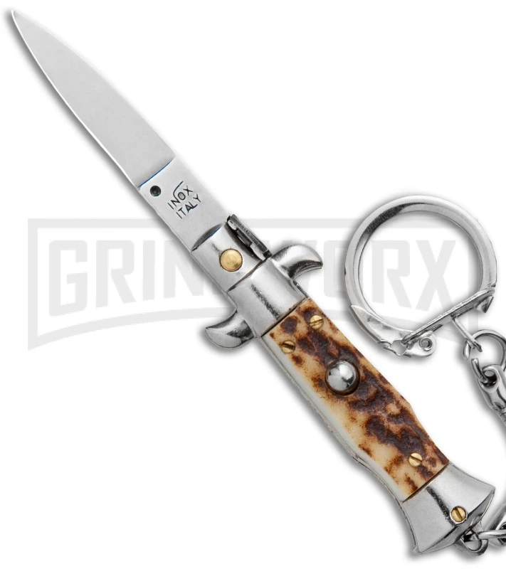SKM 2.75" Italian Stiletto Keychain Stag Automatic Knife - Satin Plain 3 SKM 2.75" Italian Stiletto Keychain Stag Automatic Knife - Satin Plain