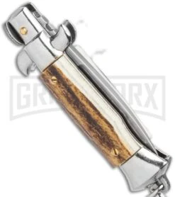 SKM 2.75" Italian Stiletto Keychain Stag Automatic Knife - Satin Plain 8 SKM 2.75" Italian Stiletto Keychain Stag Automatic Knife - Satin Plain -Best Knifes Shop SKM 2.75in Italian Stiletto Keychain Sim Abalone Auto Satin GX 36953 jr side large