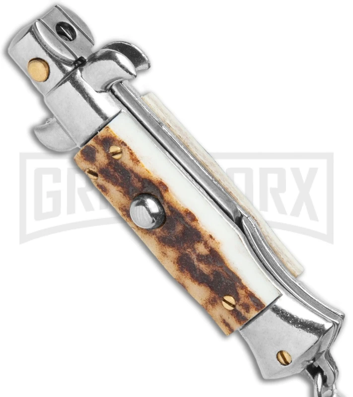 SKM 2.75" Italian Stiletto Keychain Stag Automatic Knife - Satin Plain 4 SKM 2.75" Italian Stiletto Keychain Stag Automatic Knife - Satin Plain - Image 2