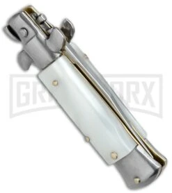 SKM 4.5" Italian Mini Stiletto White Pearlex Automatic Knife - Clip Point -Best Knifes Shop SKM 4.5in Stiletto White Pearlex Clip Point BHQ 52387 jr side large