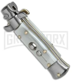 SKM 4.5" Italian Mini Stiletto White Pearlex Automatic Knife - Clip Point -Best Knifes Shop SKM 4.5in Stiletto White Pearlex Clip Point BHQ 52387 jr spine large