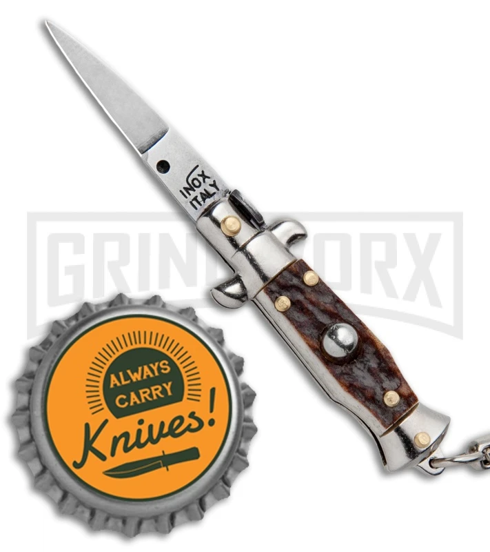 SKM 4" Italian Stiletto Keychain Stag Automatic Knife - Satin Plain 6 SKM 4" Italian Stiletto Keychain Stag Automatic Knife - Satin Plain - Image 4