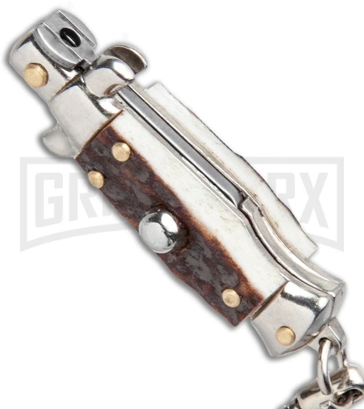 SKM 4" Italian Stiletto Keychain Stag Automatic Knife - Satin Plain 4 SKM 4" Italian Stiletto Keychain Stag Automatic Knife - Satin Plain - Image 2