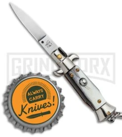 SKM 4" Italian Stiletto Brazilian Horn Automatic Knife Keychain - Flat Grind -Best Knifes Shop SKM 4in Keychain Stiletto Auto Brazilian Horn Satin Flat BHQ 125146 jr bottlecap large