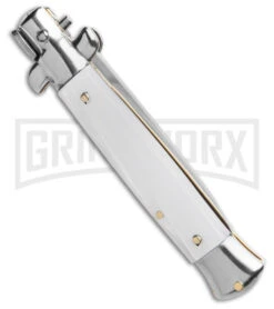 SKM 8" Italian Stiletto White Pearlex Automatic Knife - Satin Plain -Best Knifes Shop SKM 8in Italian Stiletto AK White Pearlex 3in Satin Flat BHQ 184985 td side large