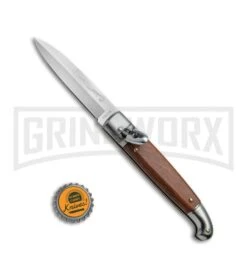 SKM 8" Fancy Lever Lock Wood Automatic Knife - Satin Bayonet -Best Knifes Shop SKM 8in LL Stamina Wood Bayo BP 19452 jr bottlecap large