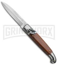 SKM 8" Fancy Lever Lock Wood Automatic Knife - Satin Bayonet