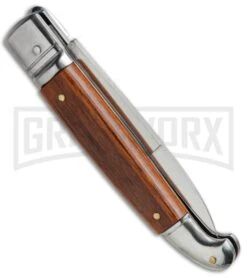 SKM 8" Fancy Lever Lock Wood Automatic Knife - Satin Bayonet -Best Knifes Shop SKM 8in LL Stamina Wood Bayo BP 19452 jr side large